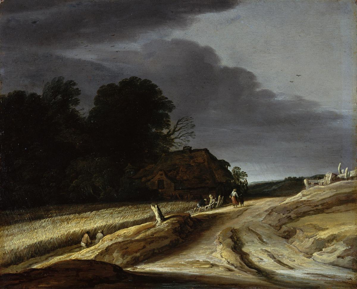Landschaft mit Feldweg und Bauernhaus