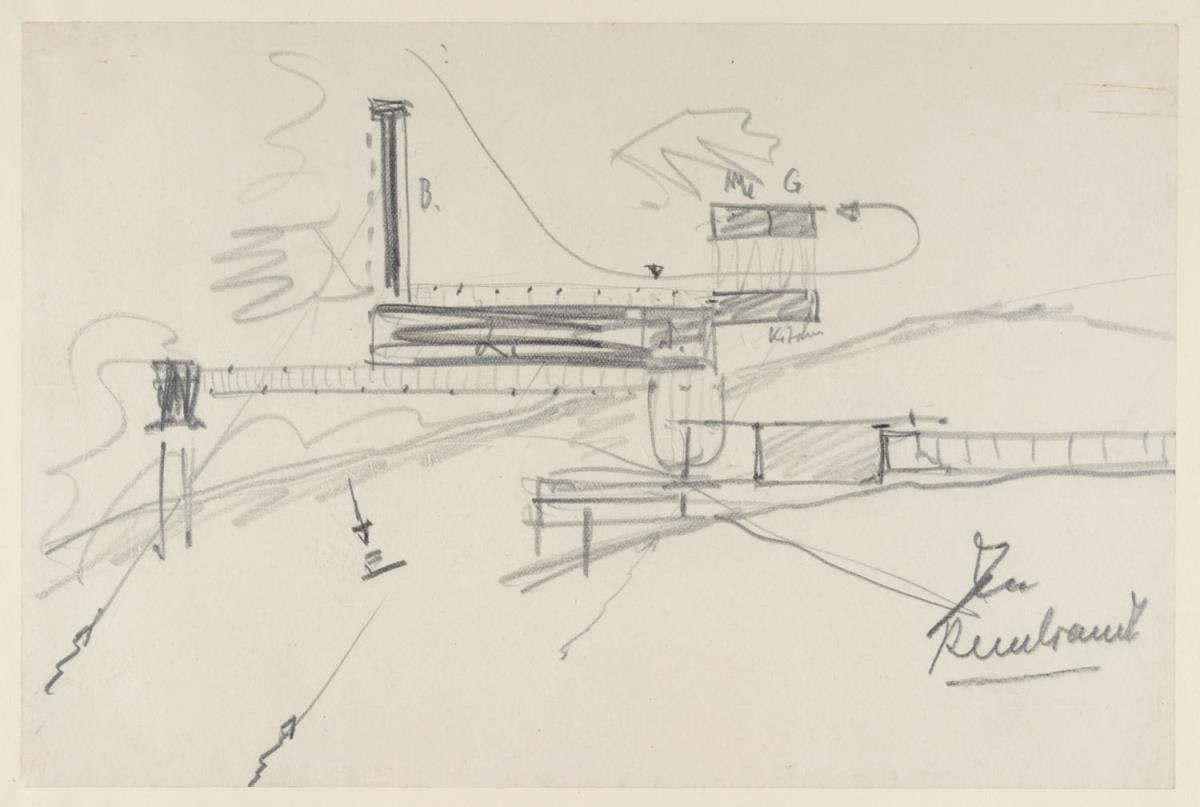 Jerusalem, Wohnhaus und Bibliothek für Salman Schocken, Grundriss und Schnittansicht