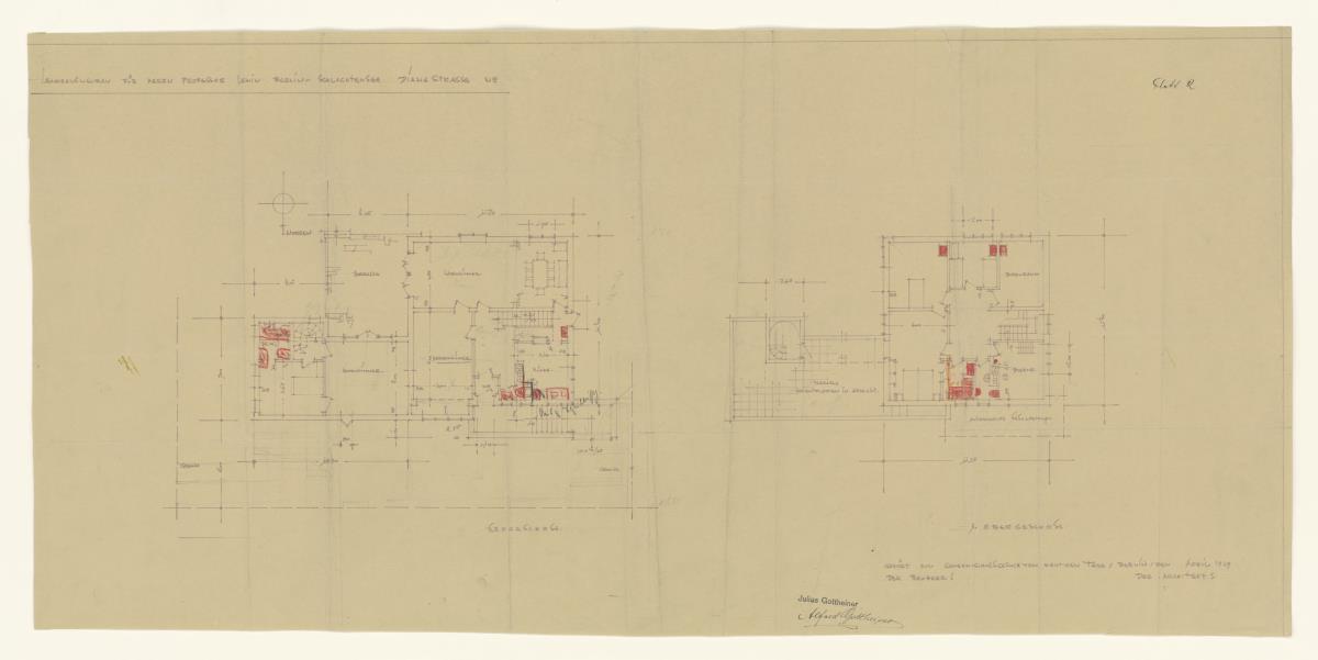 Landhaus Prof. Lewin, Berlin Schlachtensee, Erdgeschoss- und 1. Obergeschoss-Grundriss, Lichtpause