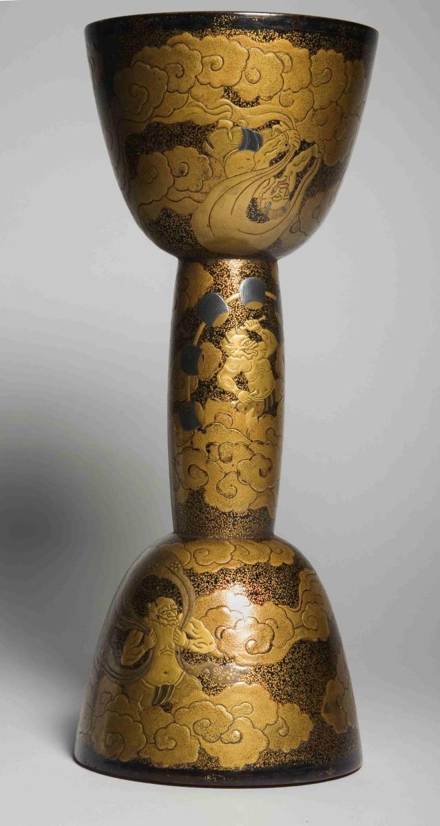 Handtrommel (kotsuzumi) mit Darstellung von Wind- und Donnergott