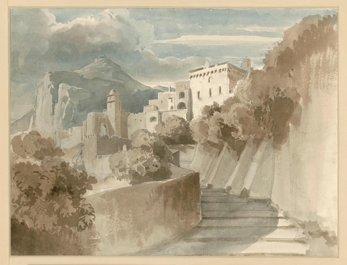 Motiv aus Subiaco. Häusergruppe und Treppen, ein Berg im Hintergrund
