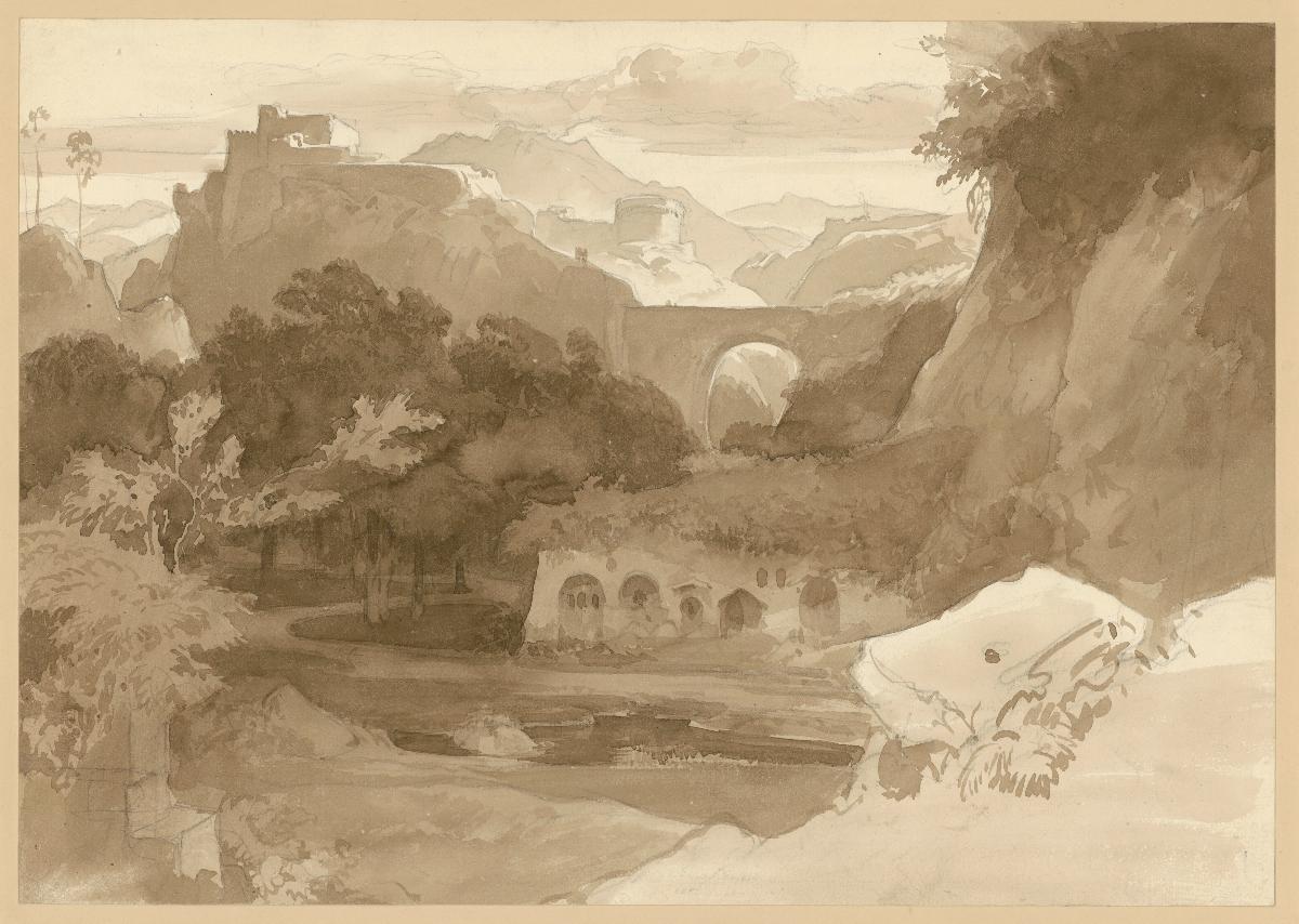Felsige Gebirgslandschaft mit Viadukt. Motiv aus den Sabinerbergen