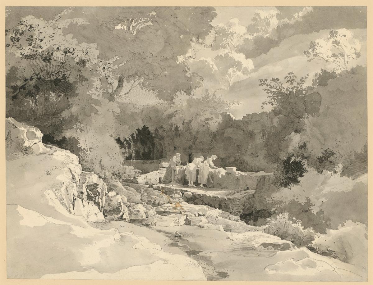 Landschaft mit Frauen am Waschbrunnen