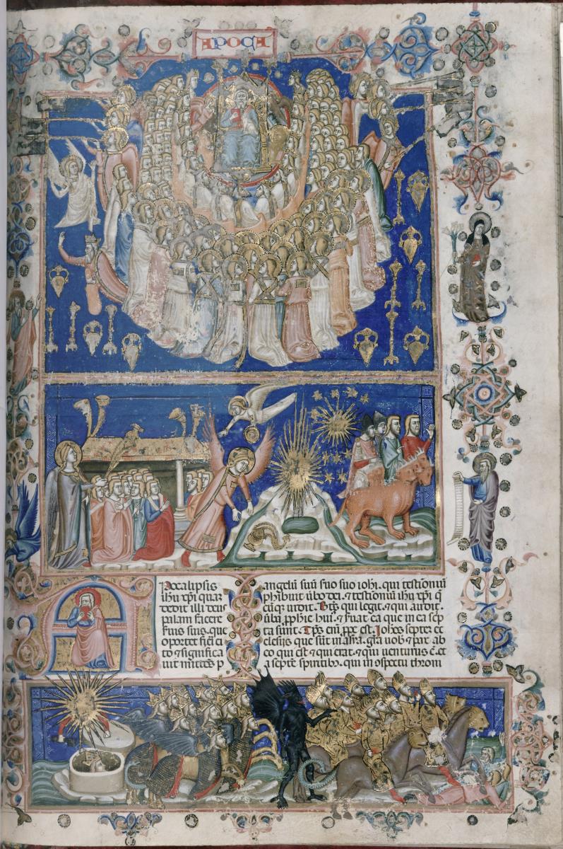 Apokalypse; Thron und Herrlichkeit Gottes; Wirkung der 5. und 6. Posaune (folio 456 recto der "Hamilton-Bibel")