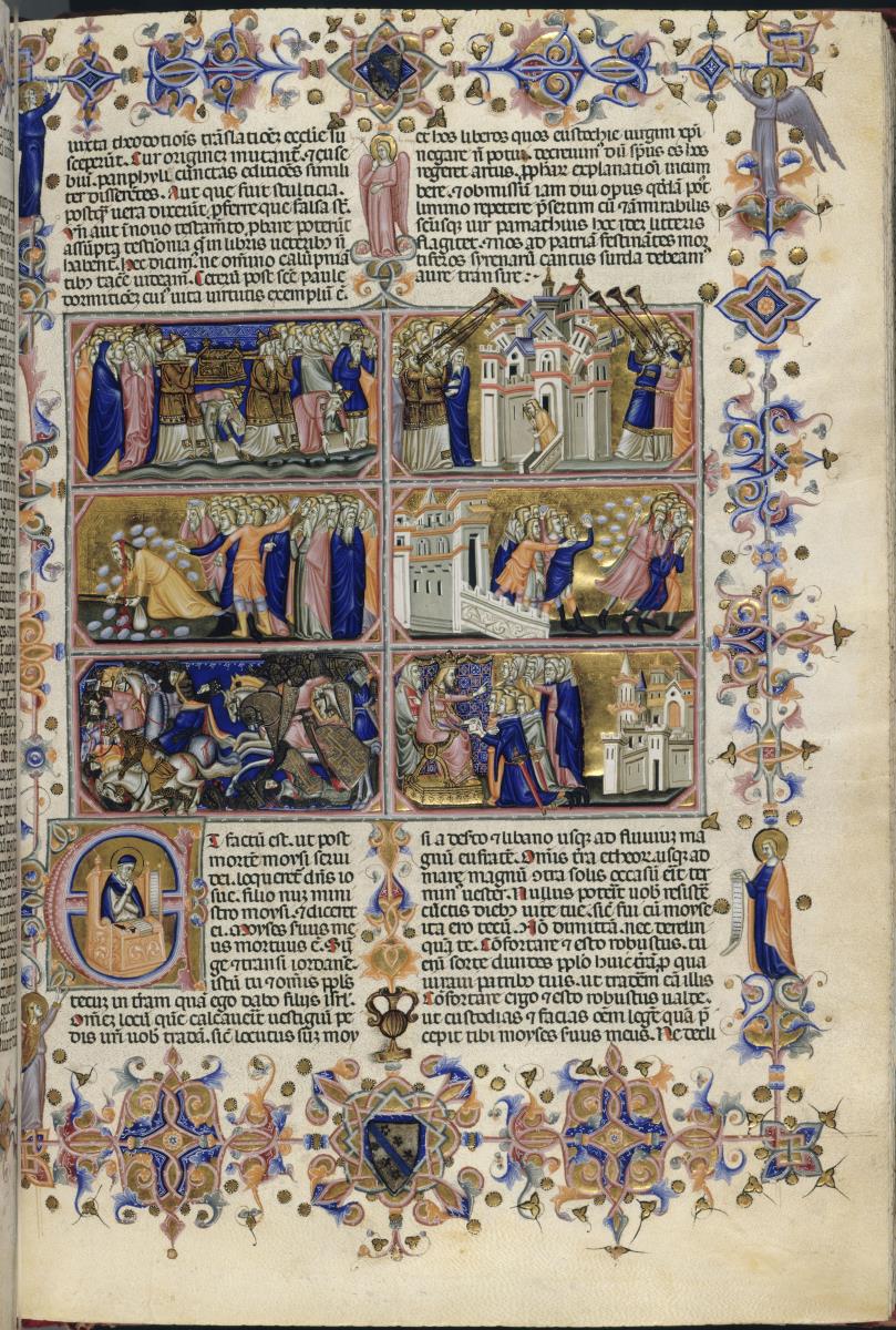 Beginn des Buches Josua; Bundeslade, Posaunen von Jericho, Steinigung Achans, Reiterschlacht gegen die Kananiter (folio 74 recto der "Hamilton-Bibel")