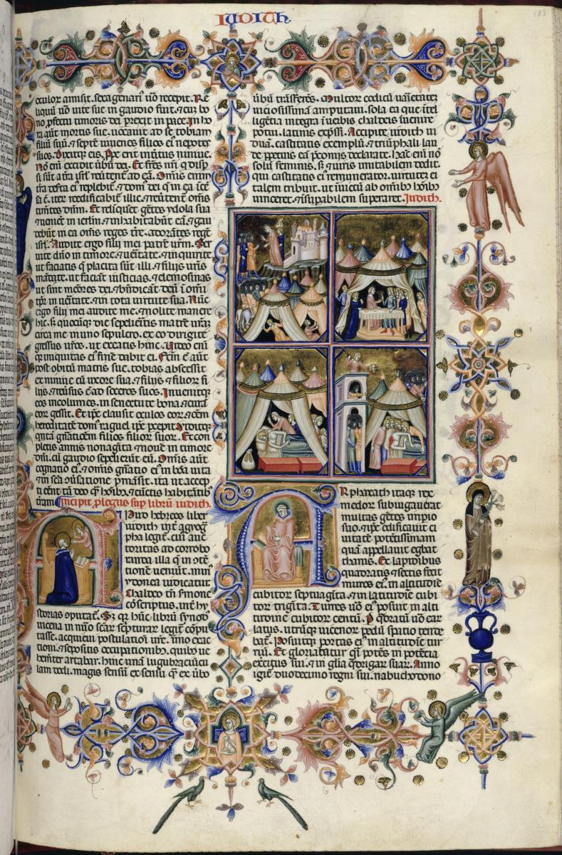 Vierteiliges Bildfeld mit der Geschichte der Judith, im unteren Rand der Umrahmung die Hl. Agnes mit dem Lamm, links und rechts Engel, rechts am Rand die Hl. Clara. Zweimal figürliche Initiale A (folio 183 recto der "Hamilton-Bibel")