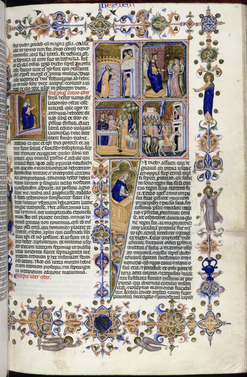 Vierteiliges Bildfeld mit der Geschichte von Ester und Haman. Figürliche Initialen I und L (folio 188 recto der "Hamilton-Bibel")