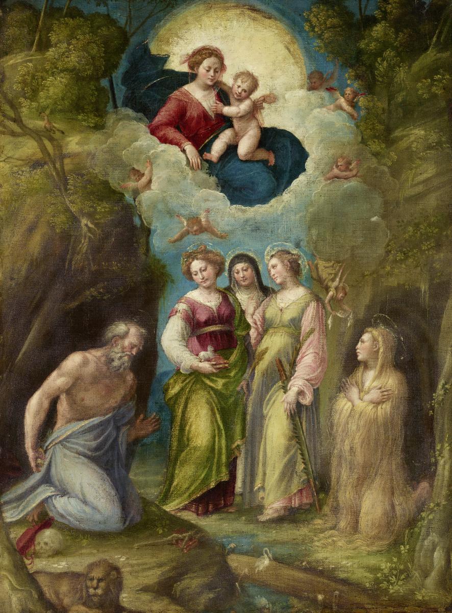 Maria mit dem Kind auf Wolken erscheint den Heiligen Hieronymus, Agnes, Klara, Fausta und Maria Magdalena