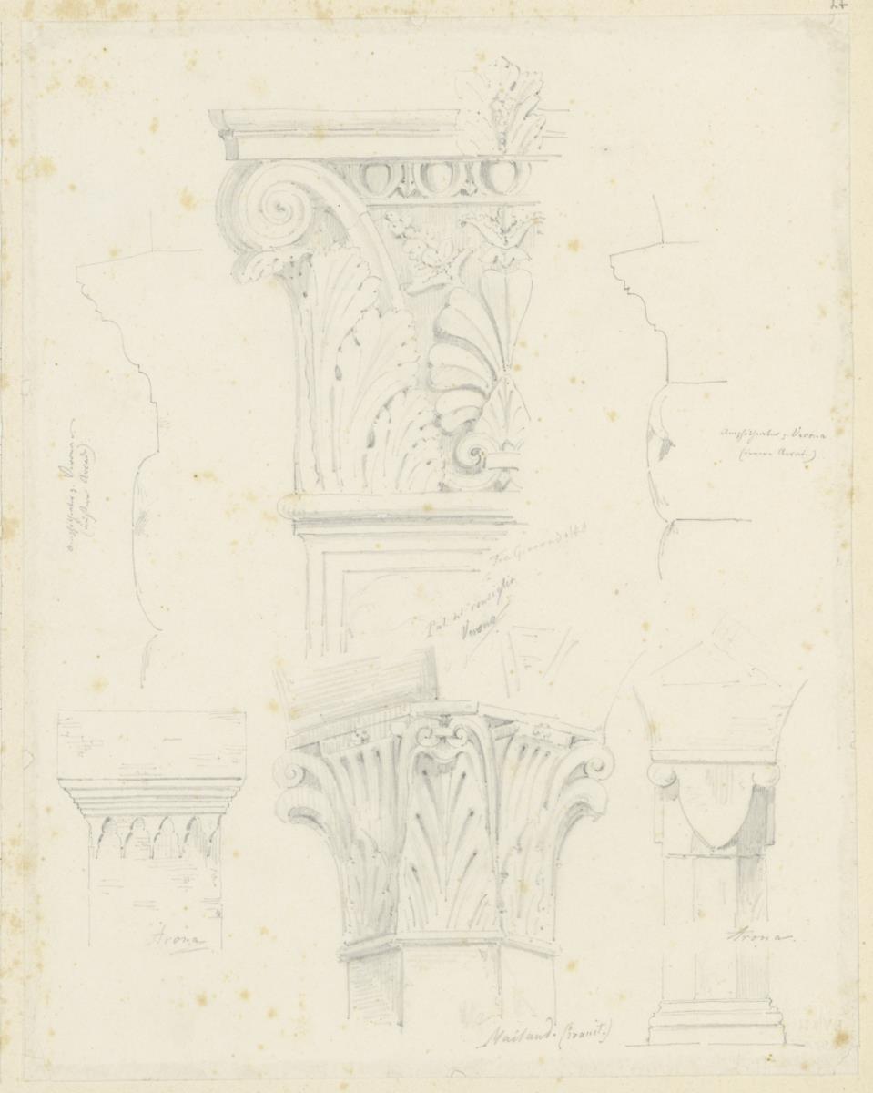 Skizzenbuch Italienreise, Verona, Loggia del Consiglio, diverse Kapitelle sowie Mailand und Arona, unbezeichnete Gebäude, diverse Kapitelle