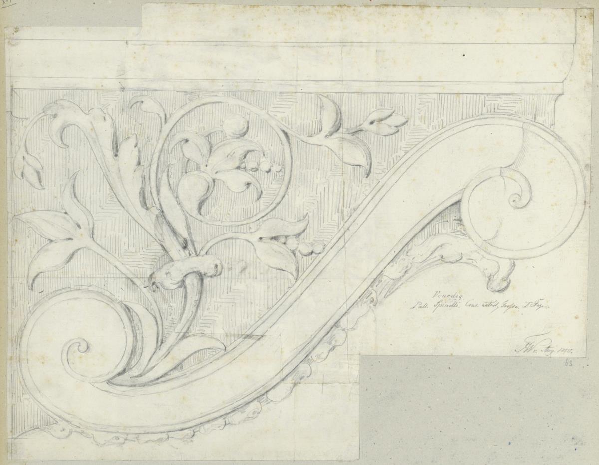 Skizzenbuch Italienreise, Venedig, Palazzo Corner Spinelli, erster Piano Nobile, Balkon, Konsole
