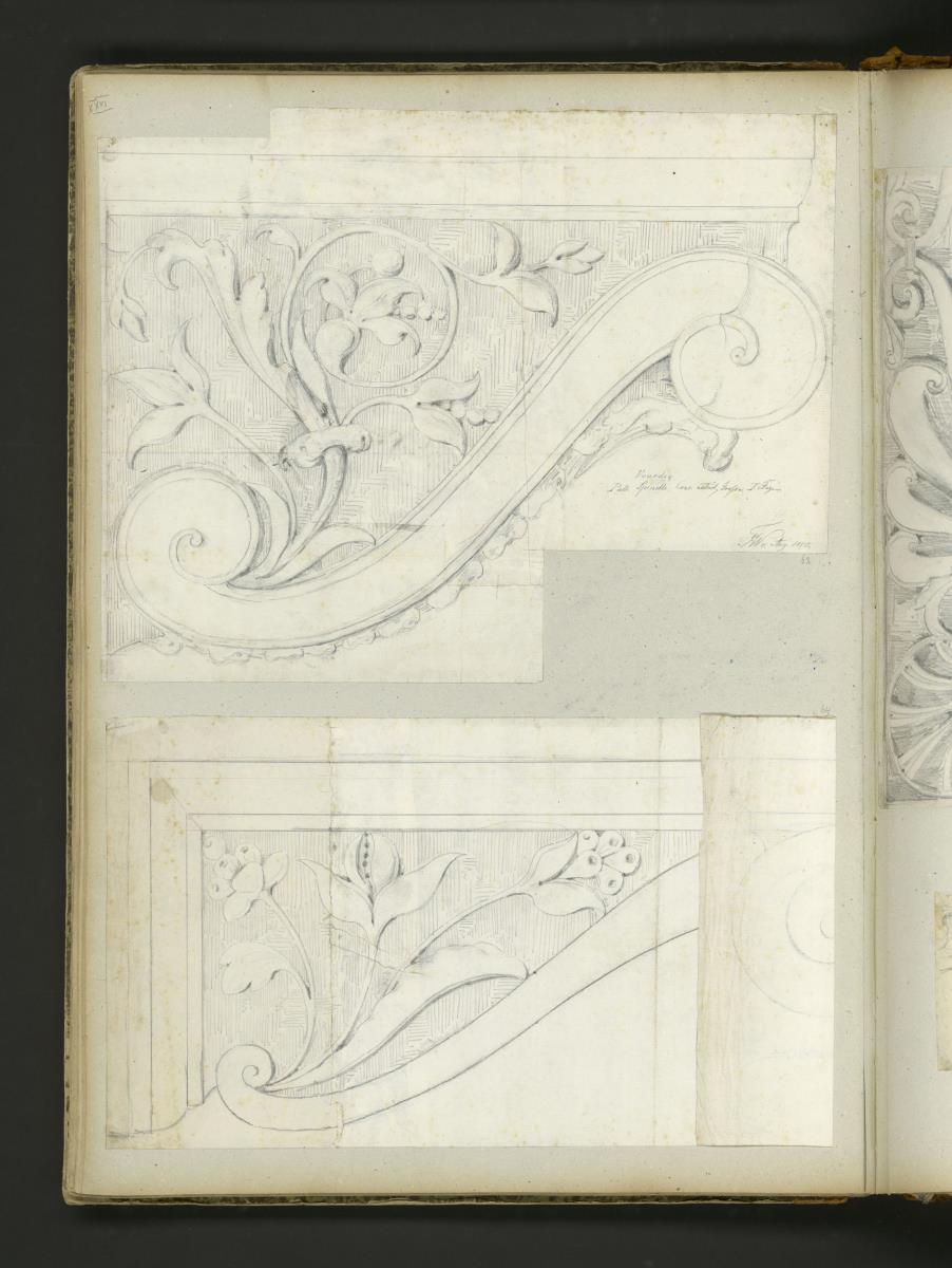 Skizzenbuch Italienreise, Venedig, Palazzo Corner Spinelli, erster Piano Nobile, Balkon, Konsole