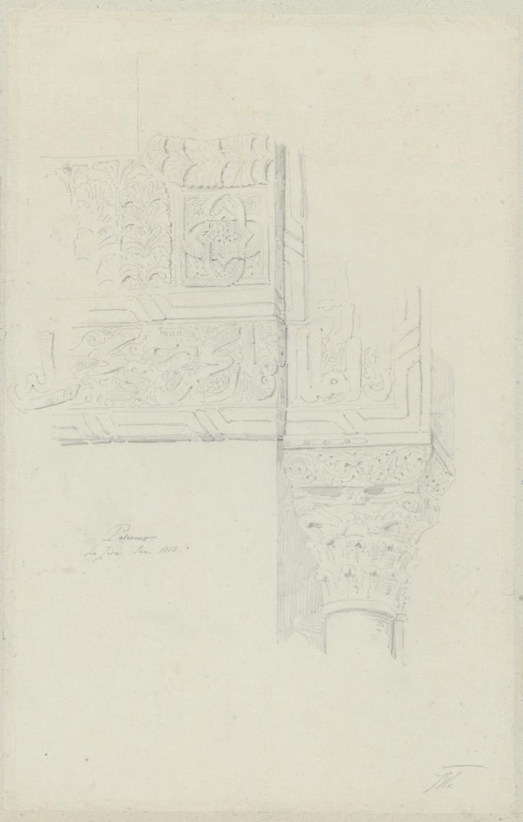 Skizzenbuch Italienreise, Palermo, La Zisa, Eingang zum Brunnensaal, Kapitell und Kufischriftband