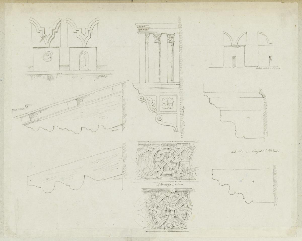Skizzenbuch Italienreise, Mailand, Sant'Ambrogio und unbezeichnetes Gebäude; Verona, Castelvecchio, Zinnen und unbezeichnete Gebäude sowie Venedig, unbezeichnetes Gebäude, Balkon