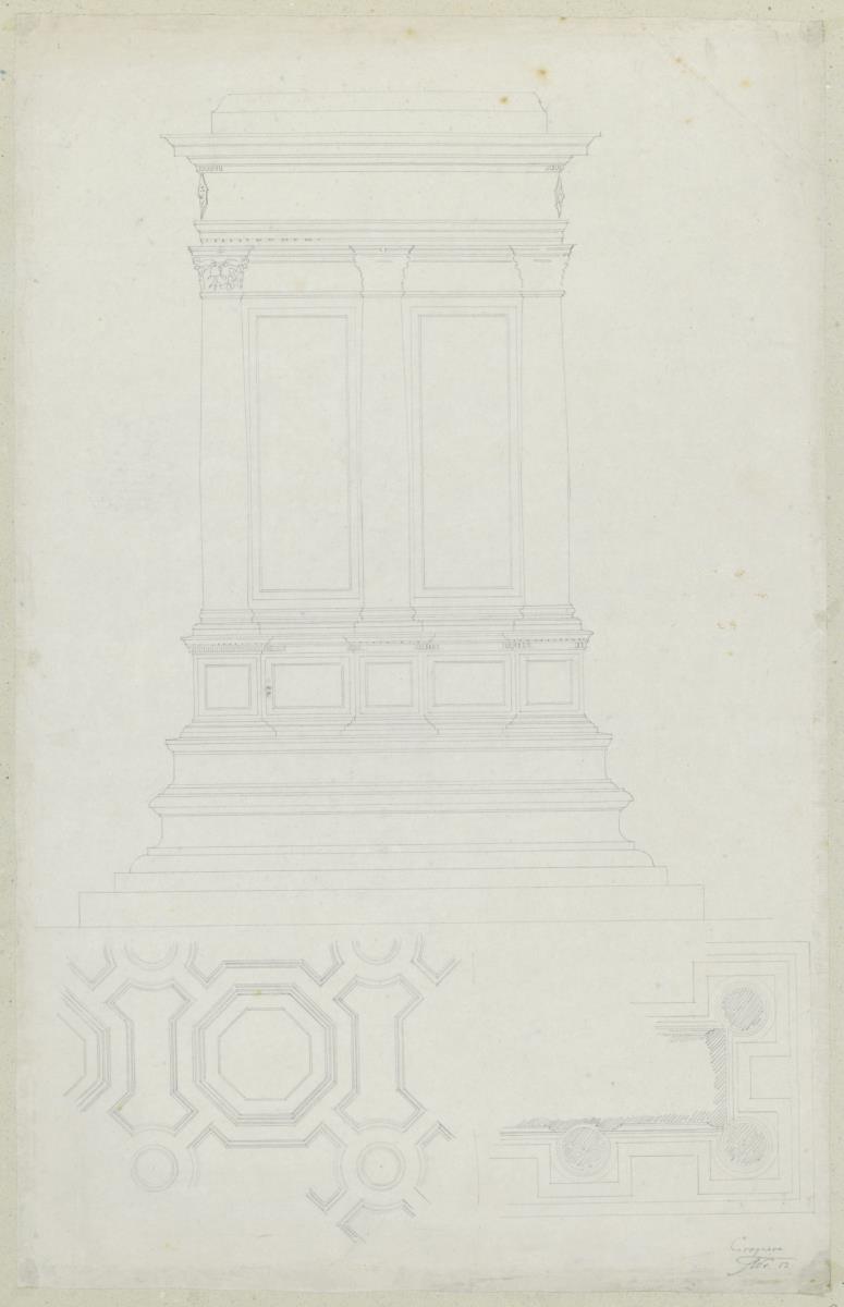 Skizzenbuch Italienreise, Venedig, Reiterstandbild des Bartolomeo Colleoni, Aufriss des Sockels und Grundriss sowie Scuola Grande di San Marco, Sala Capitolare, Holzdecke