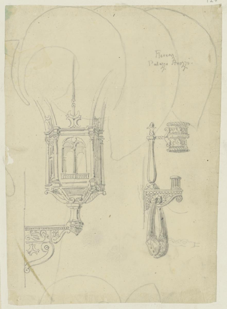 Skizzenbuch Italienreise, Florenz, Palazzo Strozzi, Laterne und Fahnen- oder Fackelhalter