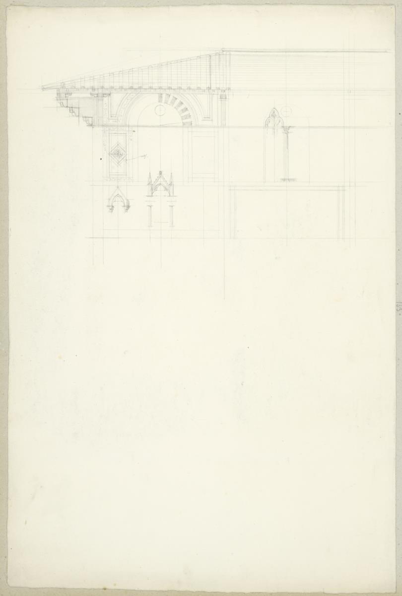 Skizzenbuch Italienreise, unbezeichneter Ort, unbezeichnetes Gebäude, Fassade und Dachkonstruktion