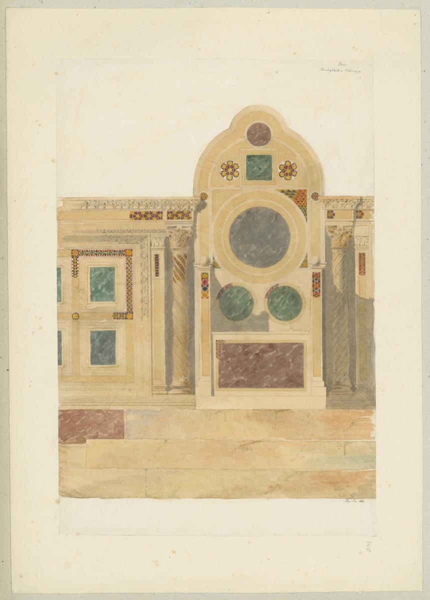 Skizzenbuch Italienreise, Rom, San Lorenzo fuori le mura, Kosmatenstudie der Cathedra