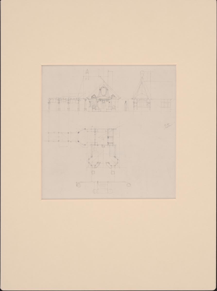 Schloss Wolfsgarten bei Langen, Spielhaus für Prinzessin Elisabeth von Hessen, Prinzessinnenhäuschen, vorbereitende Skizze, Aufriss der Süd und Westfassade, Grundriss