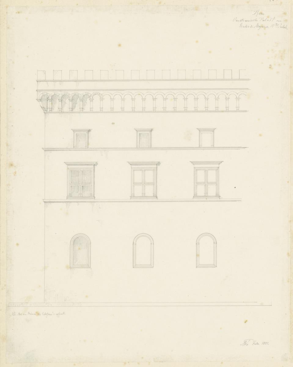 Skizzenbuch Italienreise, Rom, Palazzo Venezia, Detailaufriss der Fassade