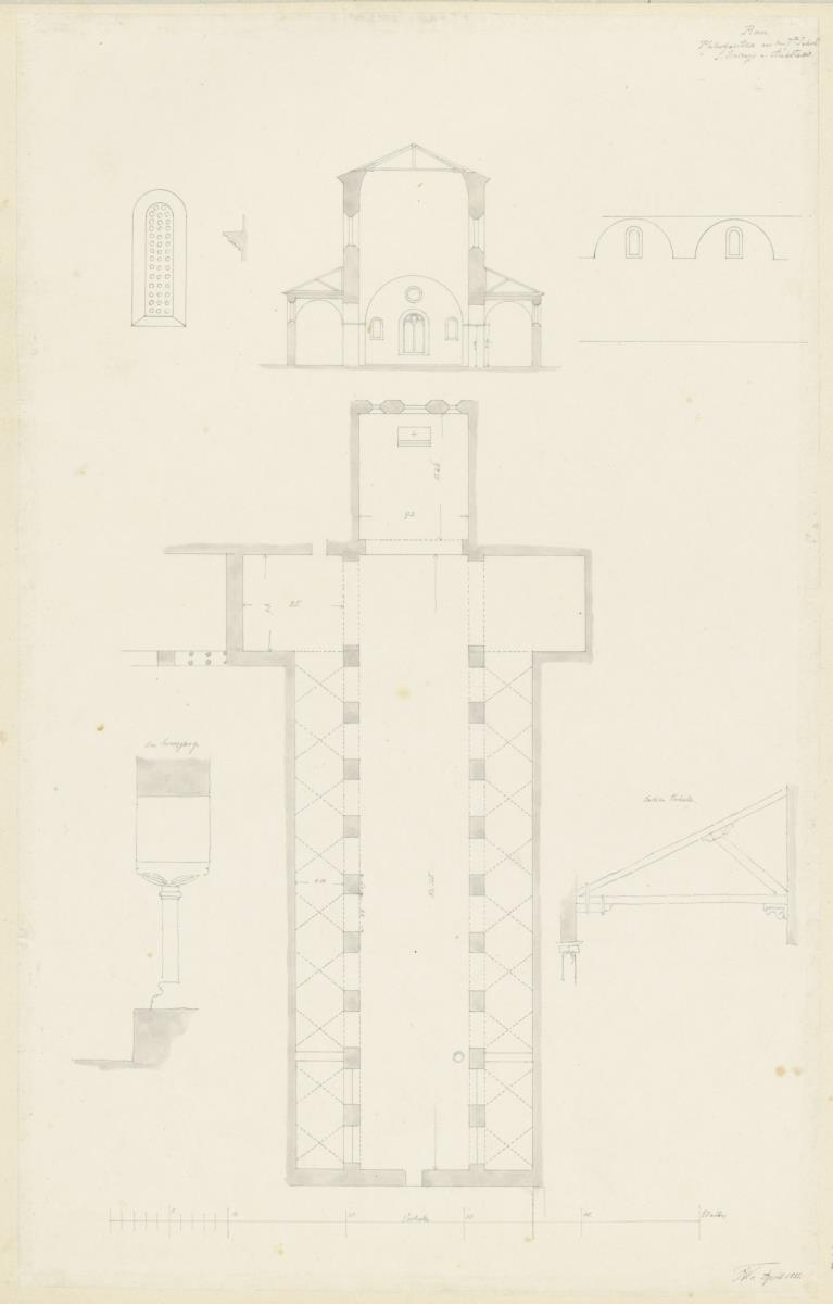 Skizzenbuch Italienreise, Rom, Santi Vincenzo e Anastasio, Grundriss und Querschnitt der Kirche, Fenster, weitere architektonische Details