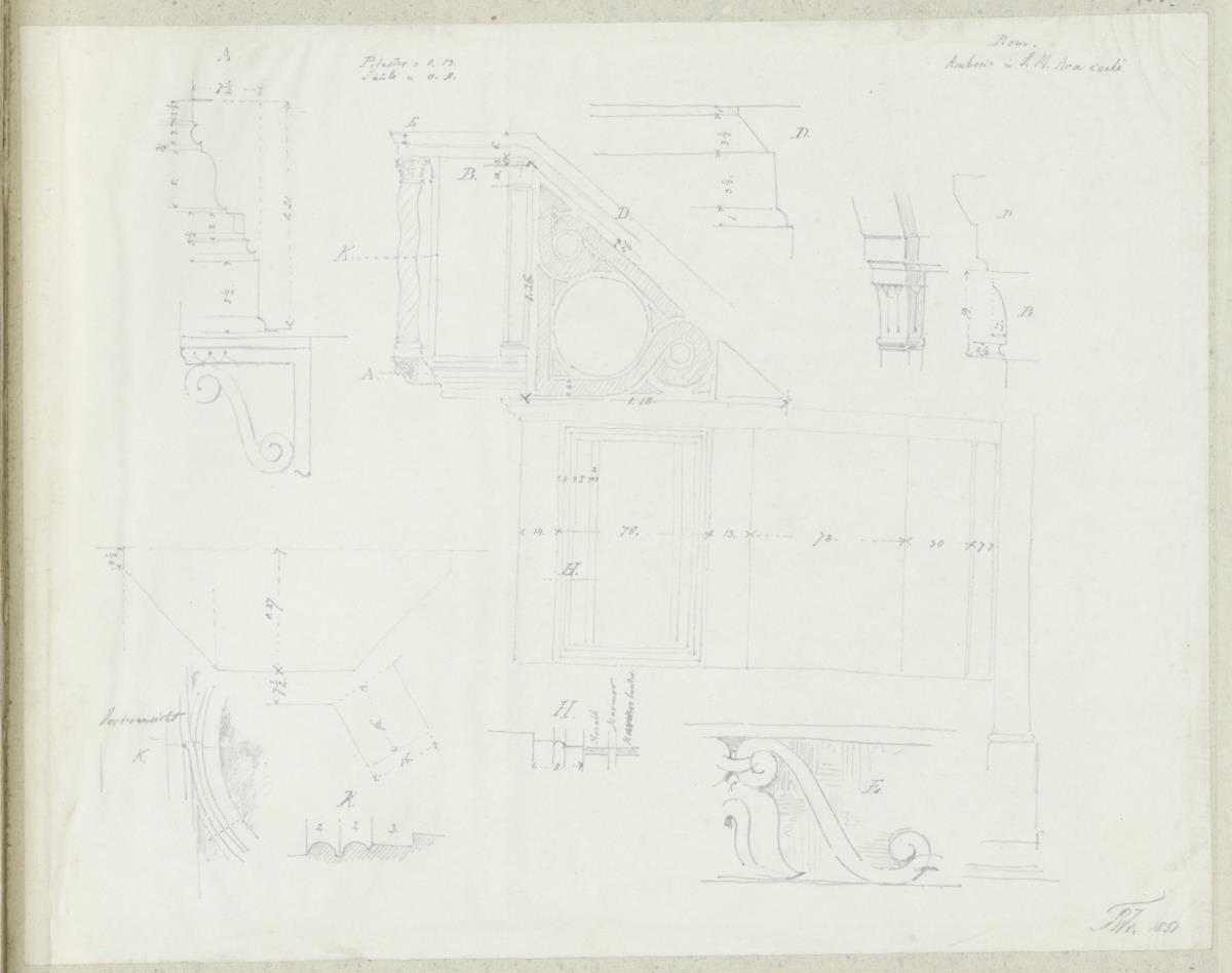 Skizzenbuch Italienreise, Rom, Santa Maria in Aracoeli, architektonische Detailstudien der Ambone