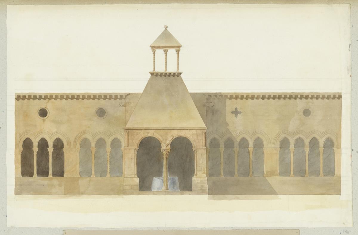 Skizzenbuch Italienreise, Fossanova, Kloster Priverno-Fossanova, Kreuzgang, Ansicht