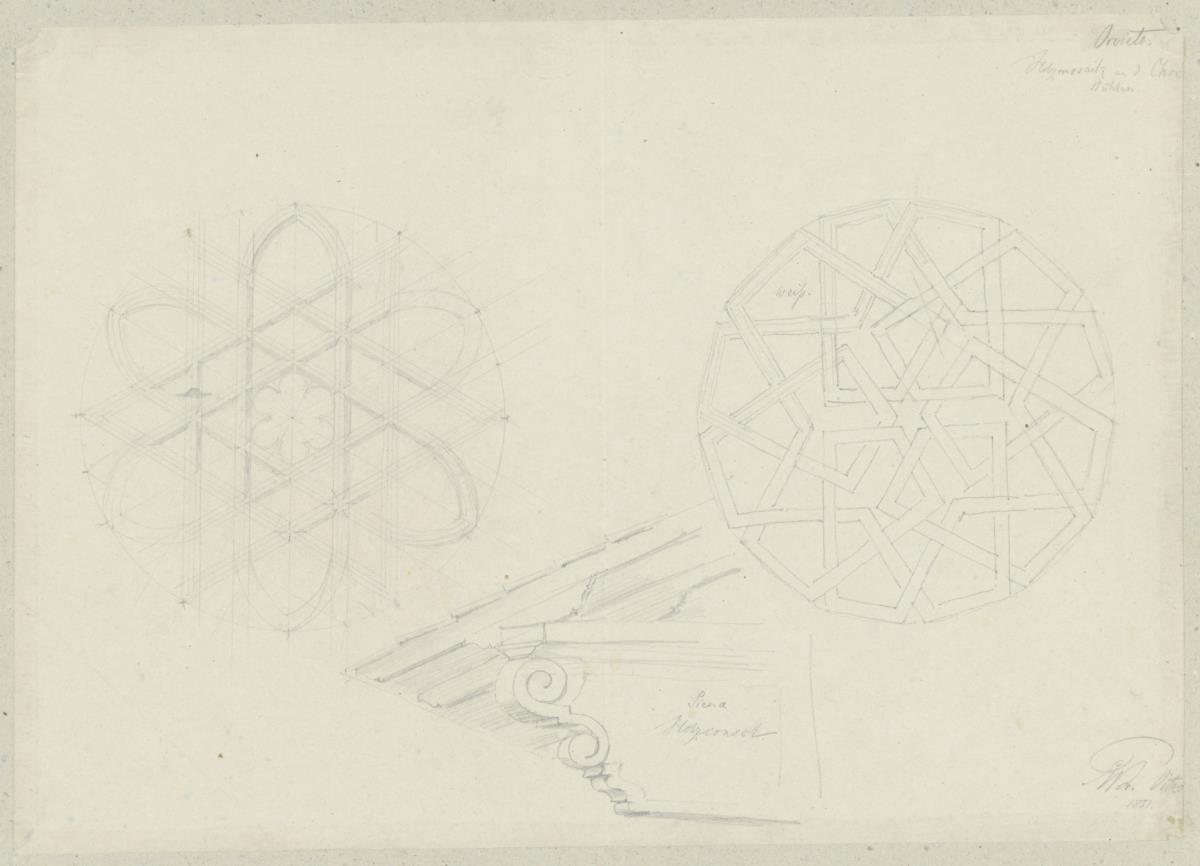 Skizzenbuch Italienreise, Siena, unbezeichnetes Gebäude, Holzkonsole sowie Orvieto, Dom, Holzmosaike an den Chorstühlen