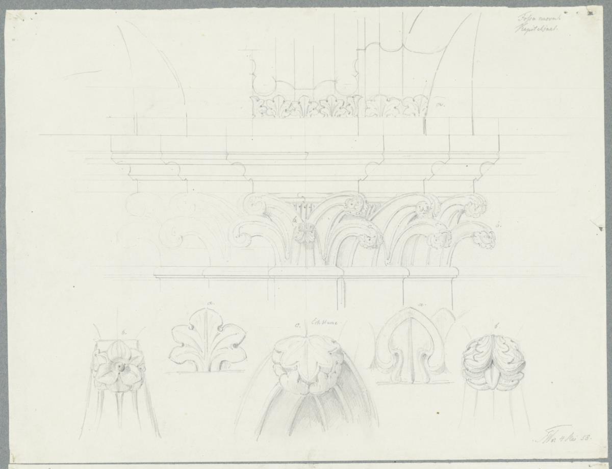 Skizzenbuch Italienreise, Fossanova, Kloster Priverno-Fossanova, Kapitelsaal, Bündelpfeiler und Kapitell, Detail und Schnitt
