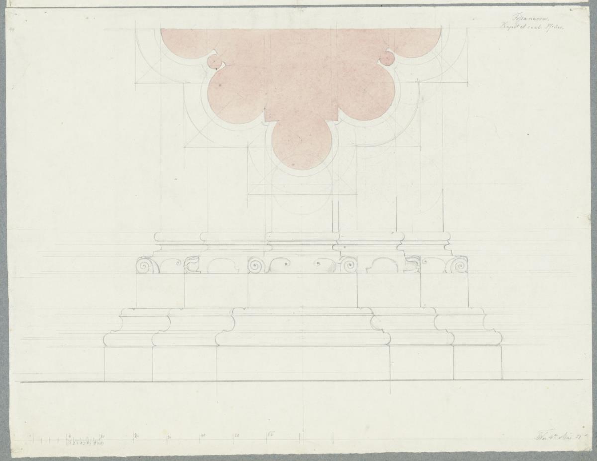 Skizzenbuch Italienreise, Fossanova, Kloster Priverno-Fossanova, Kapitelsaal, Bündelpfeiler, Basis, Detail und Schnitt
