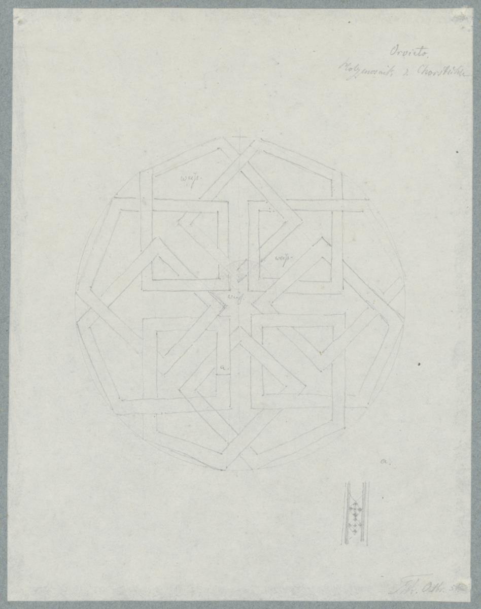 Skizzenbuch Italienreise, Orvieto, unbezeichnetes Gebäude, Holzmosaik der Chorstühle