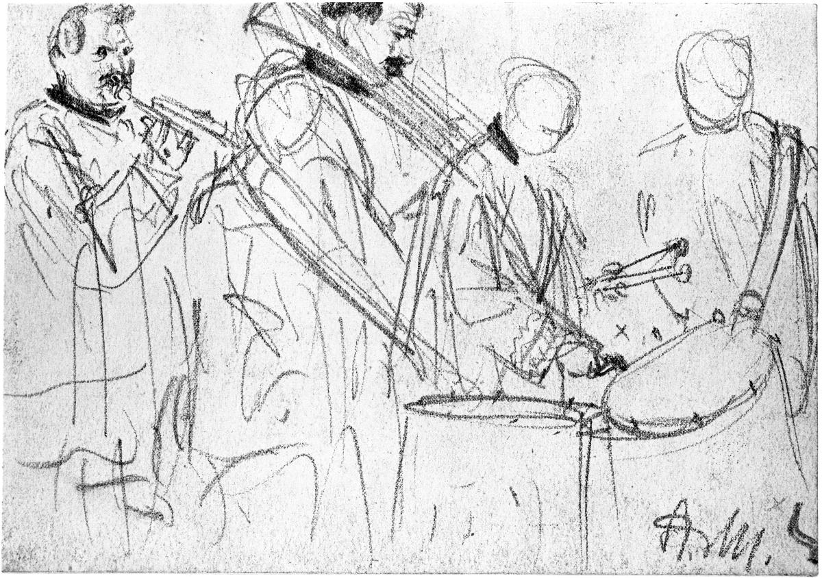Kirchenmusiker mit Blasinstrumenten und Trommeln