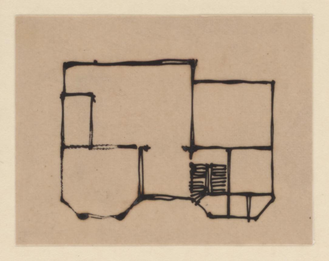 Potsdam Neubabelsberg, Projekt Wohnhaus für Friedrich Sarre, zweiter Vorentwurf, vorbereitende Skizze, Grundriss