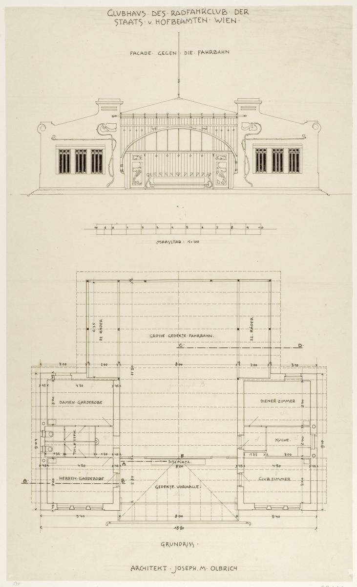 Wien, Pavillon des Radfahrklubs der Staats- und Hofbeamten, Fassade und Grundriss