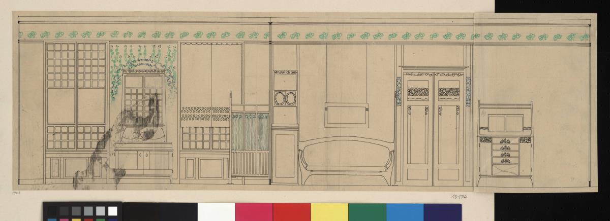 Wien, Zimmereinrichtungen für Alfred Stifft, Salon, Aufriss der Fenster- und Eingangswand