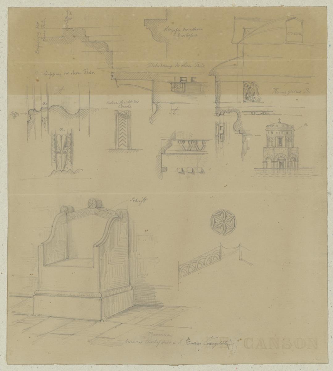 Skizzenbuch Italienreise, Ravenna, Grabmal Theoderichs des Großen sowie San Giovanni Evangelista, Bischofsthron