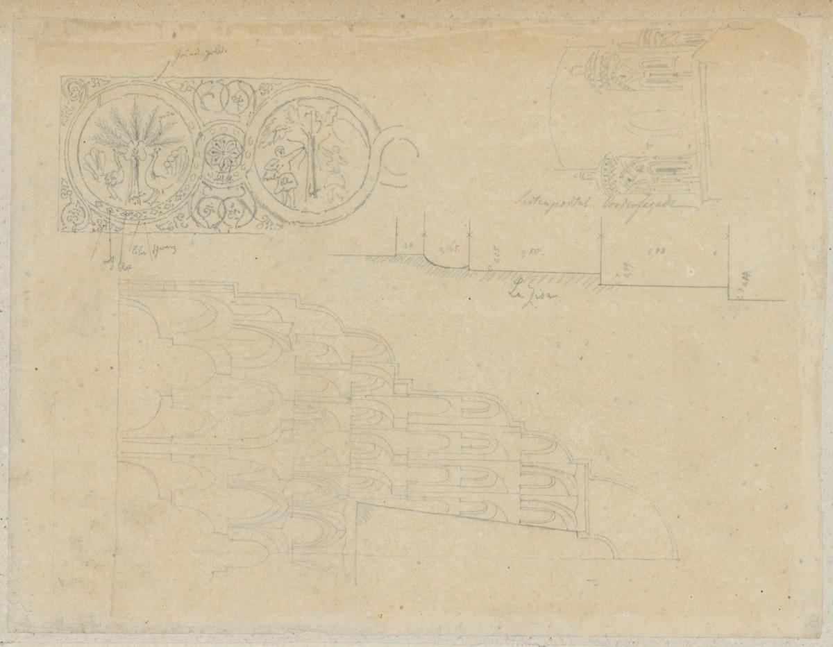Skizzenbuch Italienreise, Palermo, La Zisa, Brunnensaal, Details und Seitenportal an der Ostfassade, Umrisszeichnung