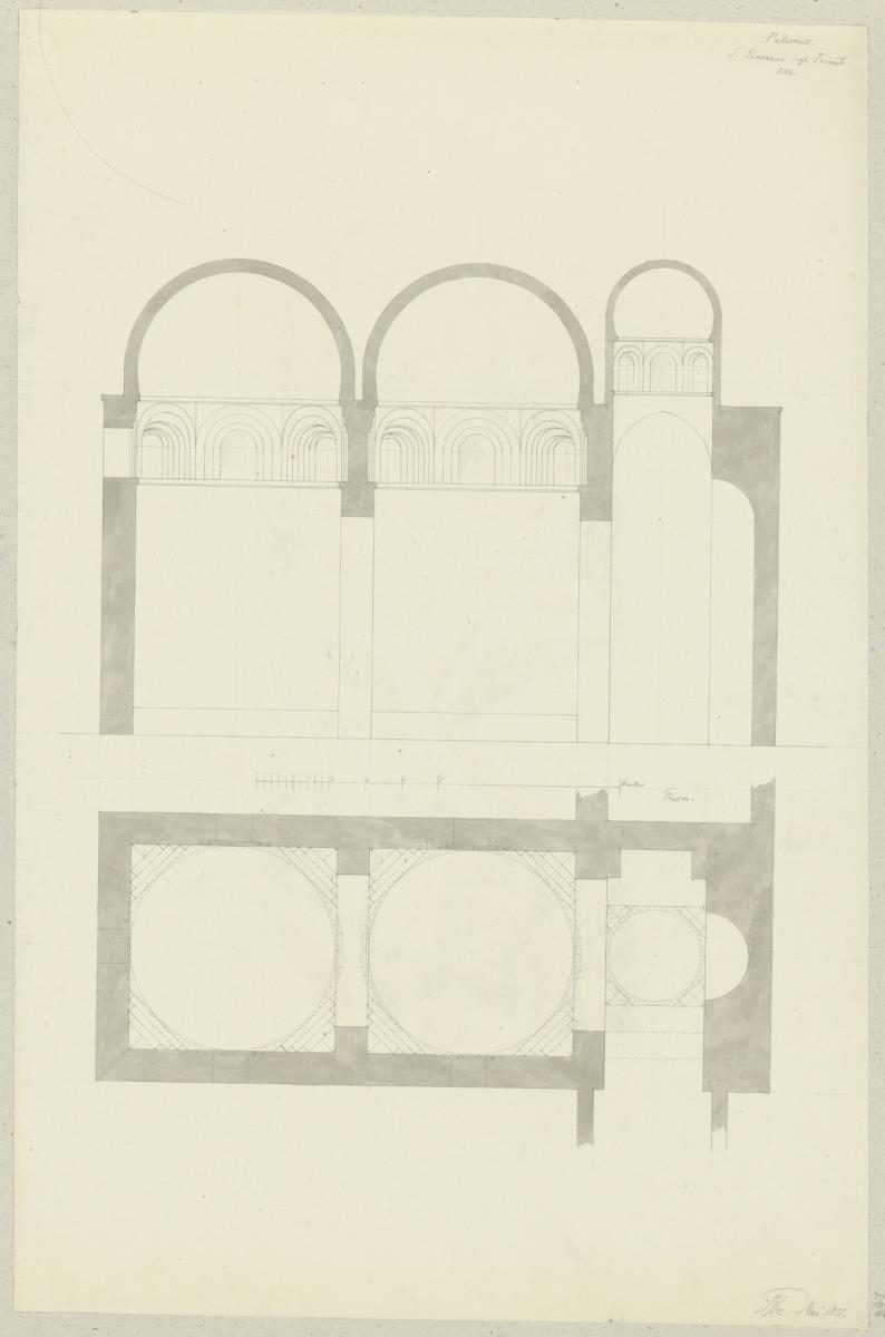Skizzenbuch Italienreise, Palermo, San Giovanni degli Eremiti, Querschnitt und Grundriss