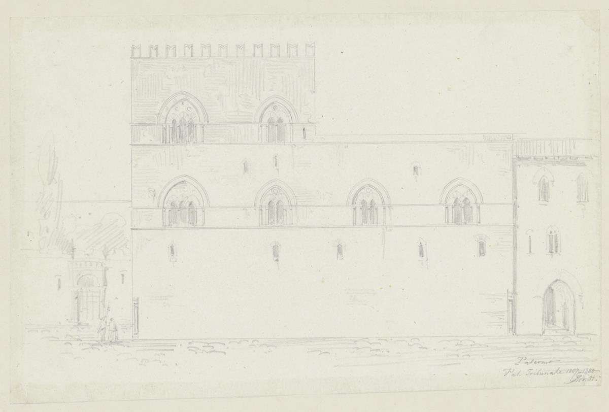 Skizzenbuch Italienreise, Palermo, Palazzo dei Tribunali, Seitenansicht mit Straße