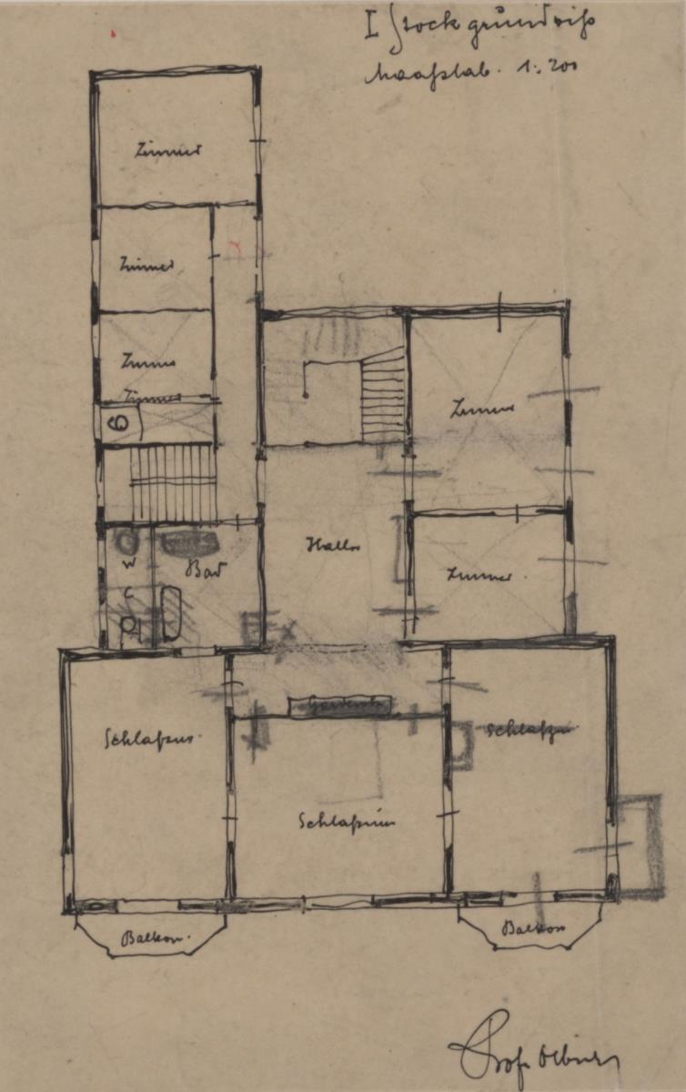 Darmstadt, Projekt Wohnhaus und Stallgebäude für Dr. von Pander, vorbereitende Skizze, Grundriss des ersten Obergeschosses