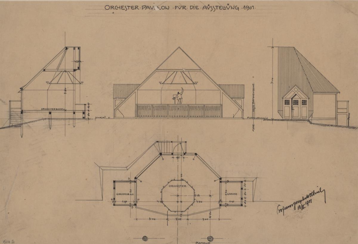 Darmstadt, provisorischer Orchesterpavillon für die Ausstellung, Aufrisse der Haupt und Schmalseite, Schnitt und Grundriss