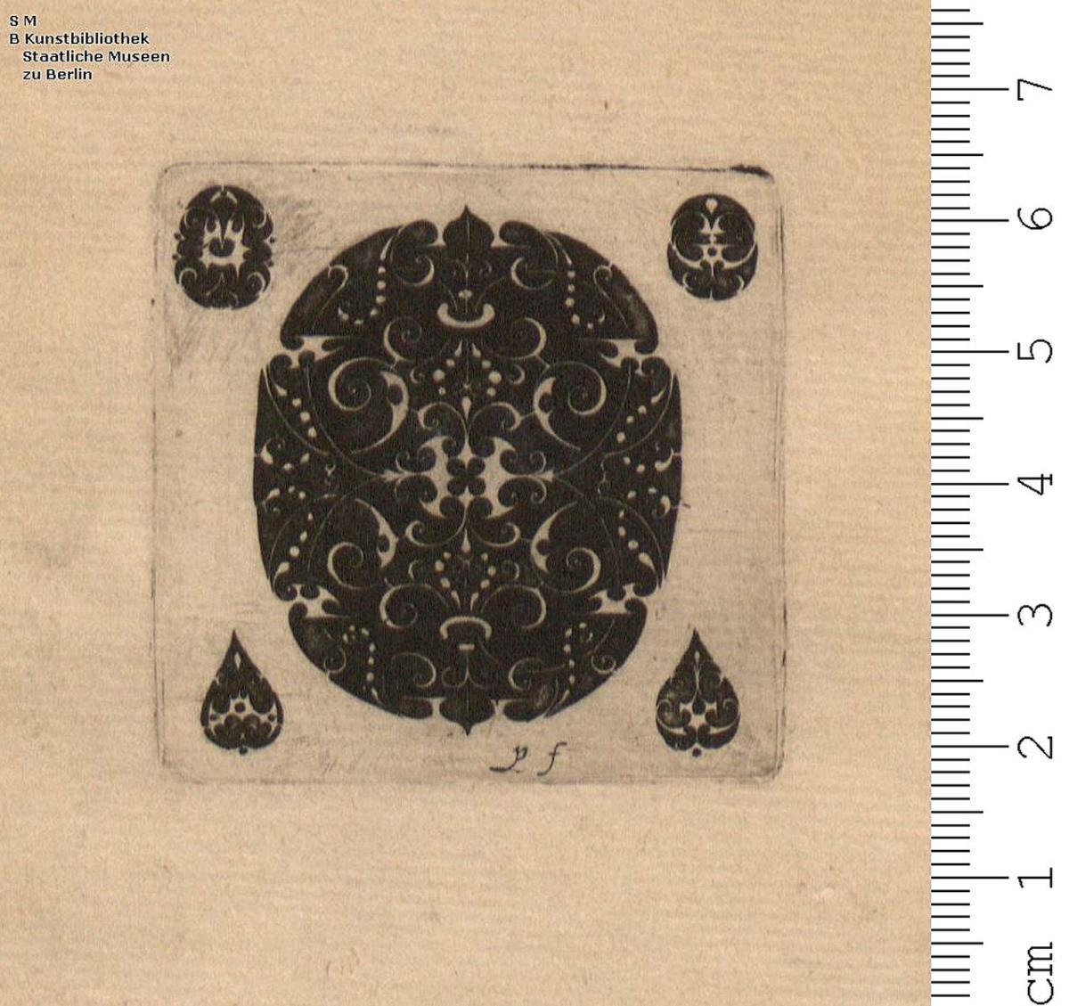 1 Folge Schwarzornament: je eine größere und 2 oder 4 kleinere Zierflächen mit Schweiflinien (weiß auf schwarz)