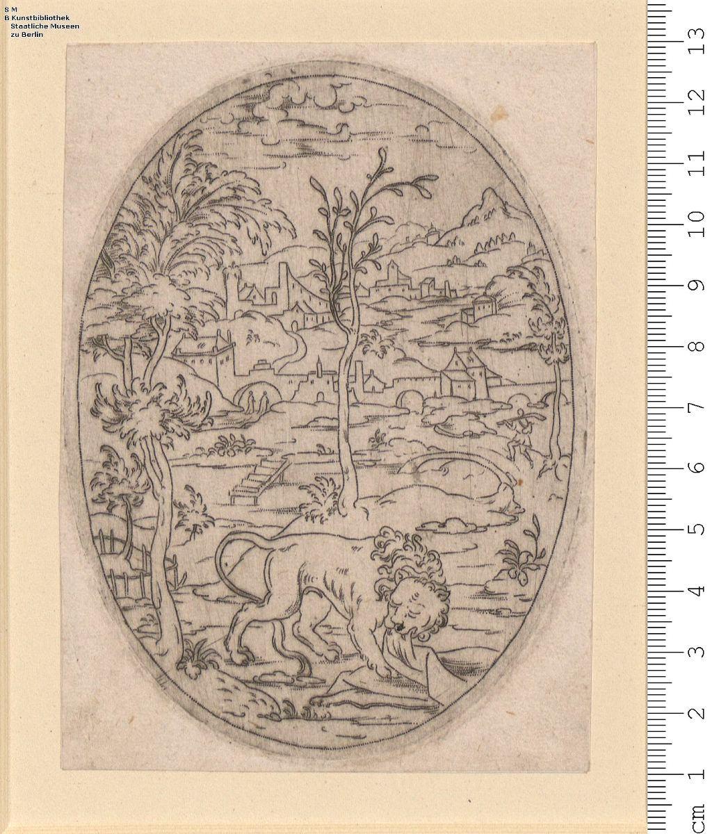(3) 1 Blatt Oval mit dem Thisbe-Löwen in Landschaft