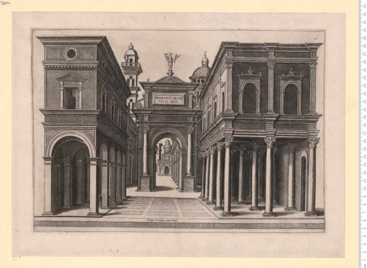 Phantasiearchitektur, 1 Bl. Kupferstich bez. "Bramanti Architecti opus", "Philippus Thomassinus excud. Roma".