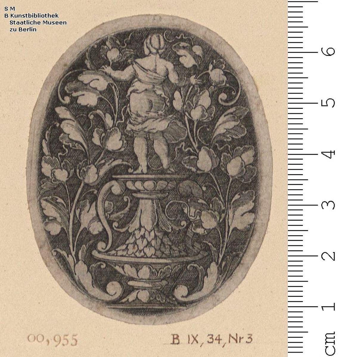 (1) 1 Blatt Hochoval mit Rankenwerk und stehender Frau in Rückenansicht: B. IX 34 Nr. 3.