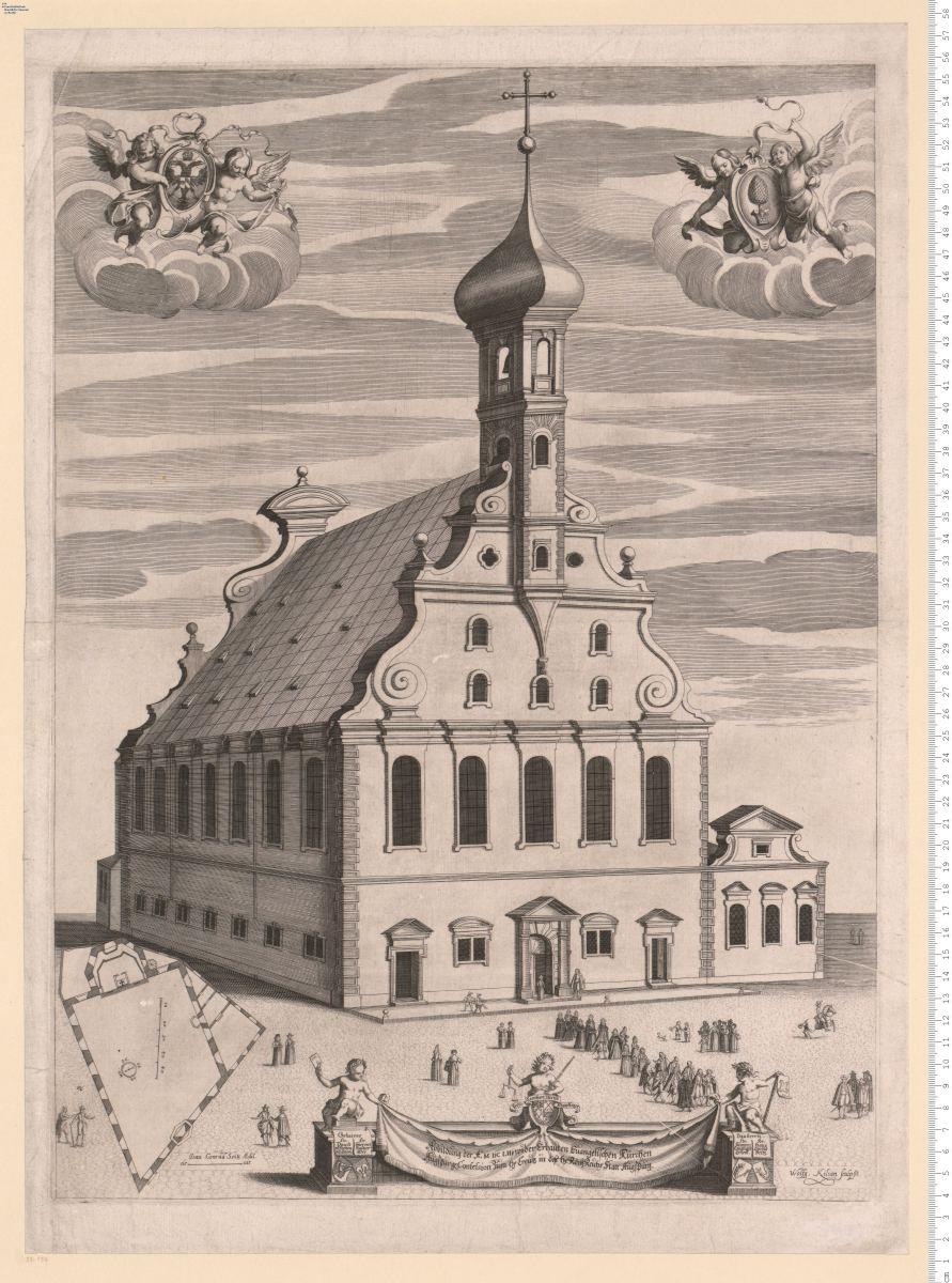Abbildung der A.o 1652 wider Erbauten Euangelischen Kürchen Augspurg. Confession zum H. Creutz in ... Augspurg. Wolfg. Kilian sculpsit.