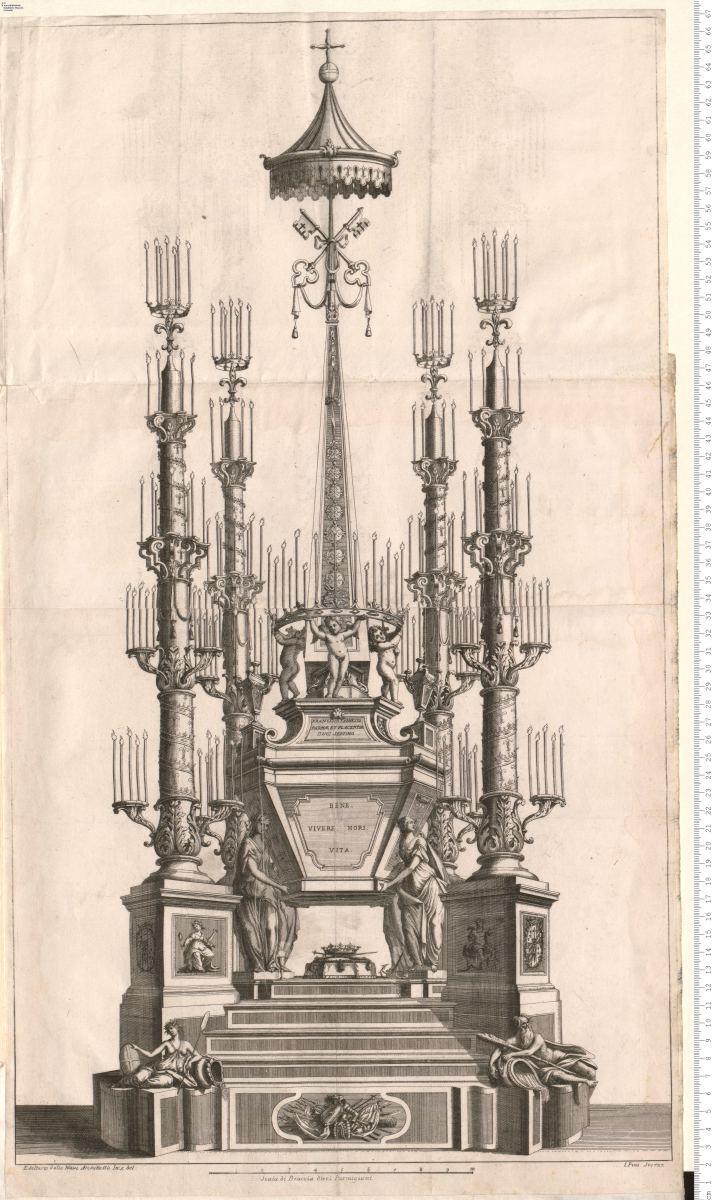 1 Bl. Katafalk mit Aufschrift: Francisco Farnesio Parmae Et Placentiae Duci Septimo. Edelberto dalla Naue ... In:, e del: I. Pini Sc: 1727.