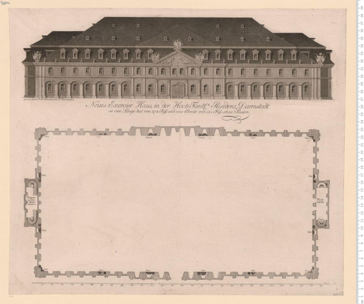 Neues Exercier Haus in  der ... Residenz Darmstadt ... gebaut, durch J. M. Schuhknecht ...
