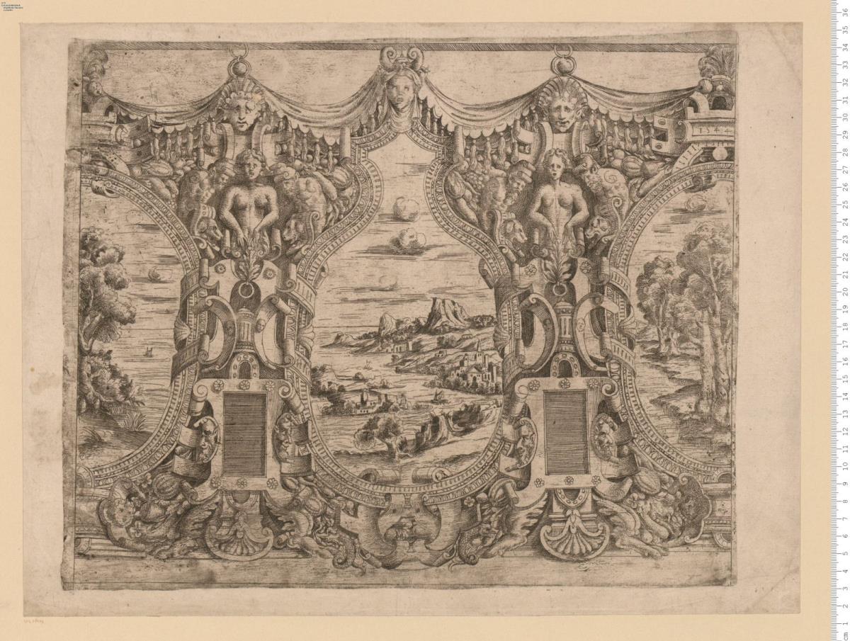 (4) Plastisches Rollwerk mit Masken und zwei weiblichen Hermen um Landschaften, datiert 1544.