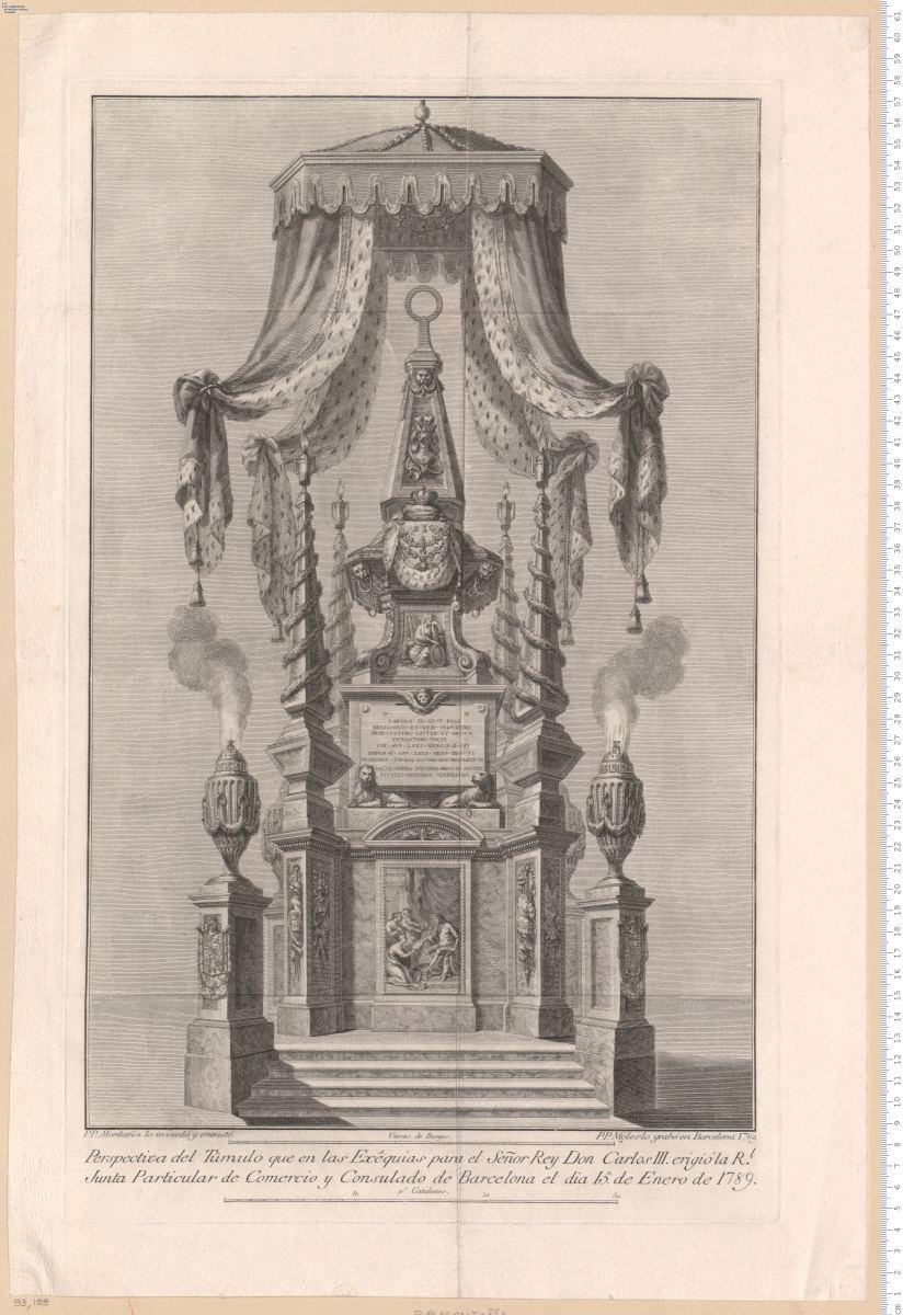 Perspectiva del Túmulo ... para el ... Rey Don Carlos III. erigió ... Barcelona ... 1789. P. P. Montaña lo inventó y executó. P. P. Móleslo grabó en Barcelona 1789.