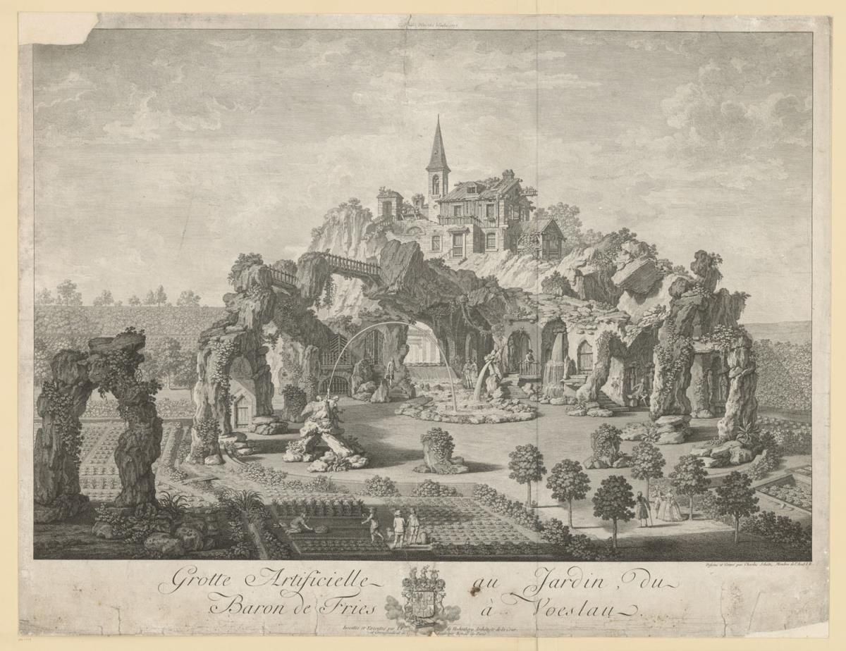 Grotte Artificielle au Jardin, du Baron de Fries à Voeslau. Inventée et Executée par I. F. de Hochenberg ... Dessiné et Gravé par Charles Schütz ... (am oberen Rand:) Ch. Schütz Neunte bllate 1777.